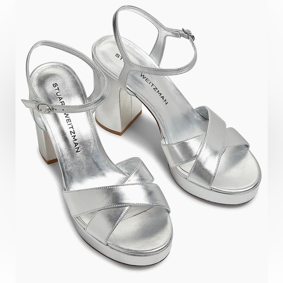 NEW STUART WEITZMAN DAYNA 100MM METALLIC LEATHER PLATFORM SANDALS IN SILVER 7.5 - Picture 3 of 11